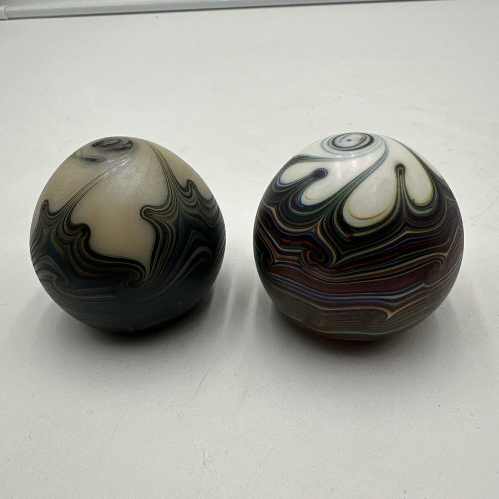 2 Signed Grant hand blown iridescent studio art glass pulled feather paperweight